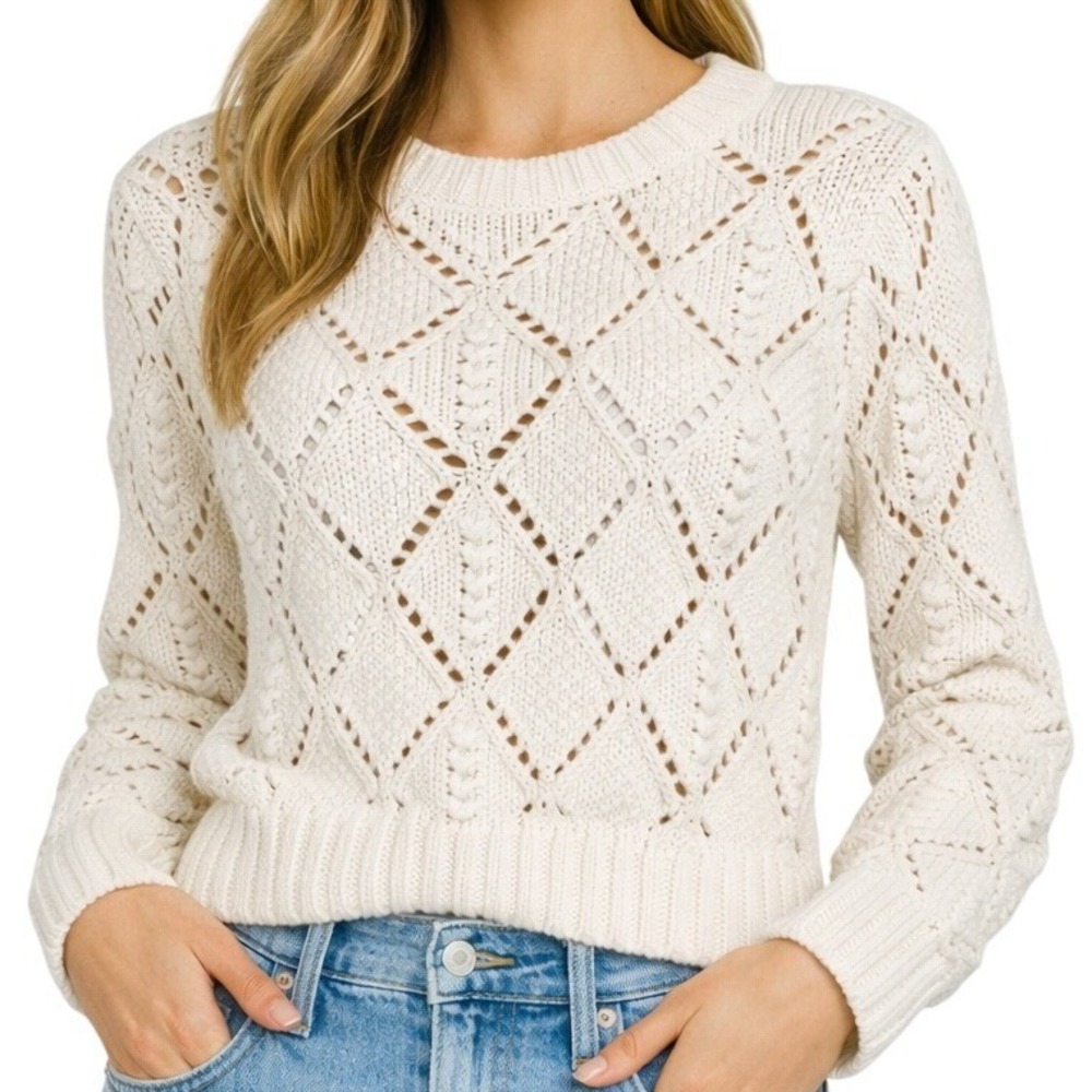 LOFT Women Ivory Pointelle Bobble Diamond Knit Cotton Blend Sweater Size M